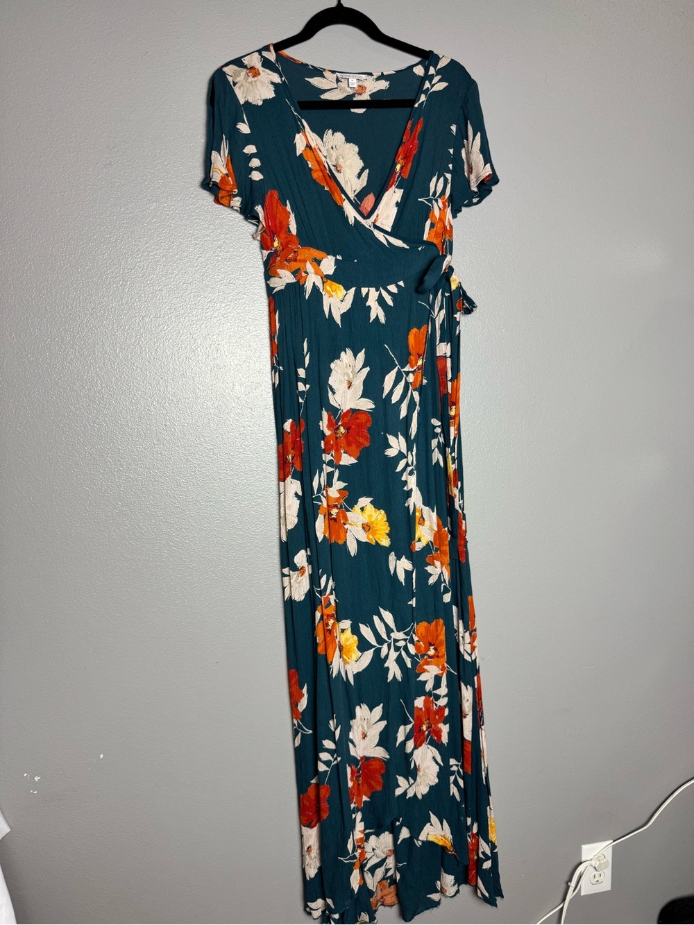 Patrons of Peace Teal Floral Wrap Maxi Dress with Orange Accents